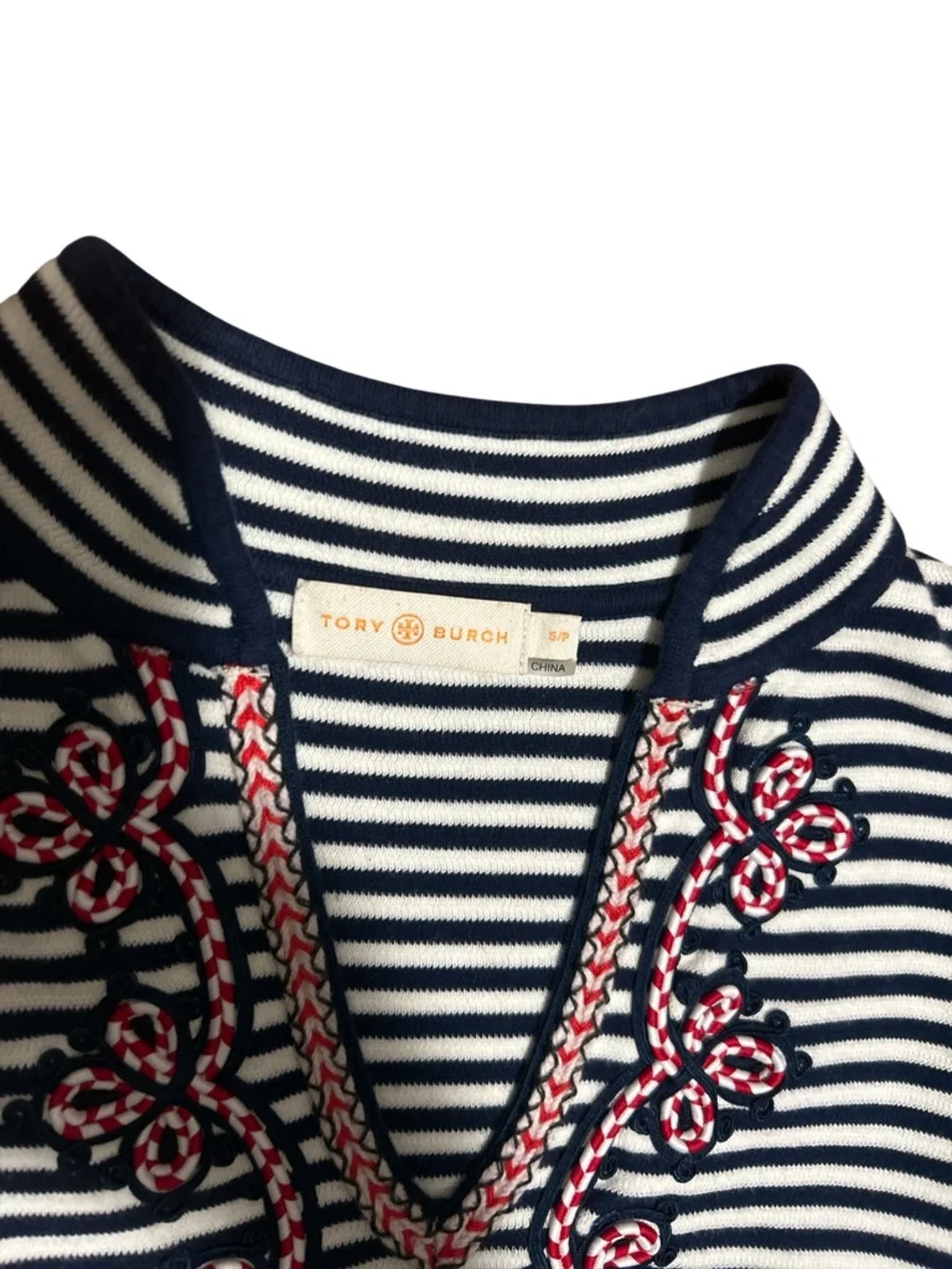 Tory Burch Katama Striped Knit Tunic Top Navy White Cotton Nautical Sz S